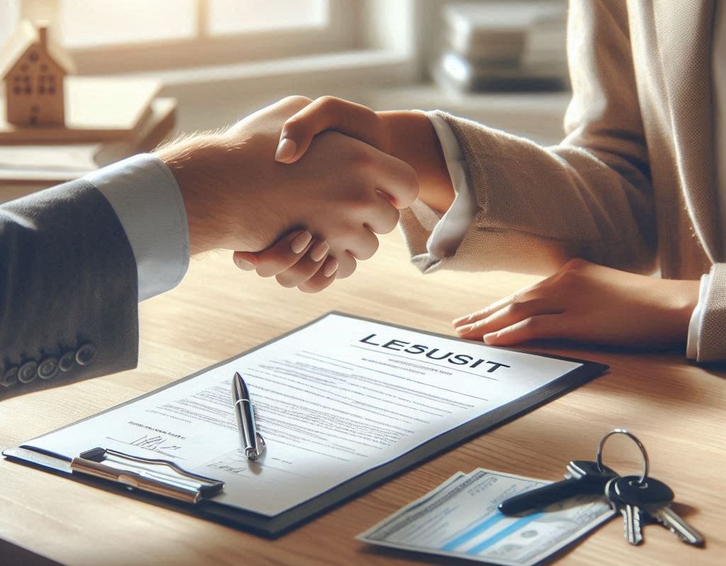 Locatário e proprietário assinando contrato de locação com garantia.