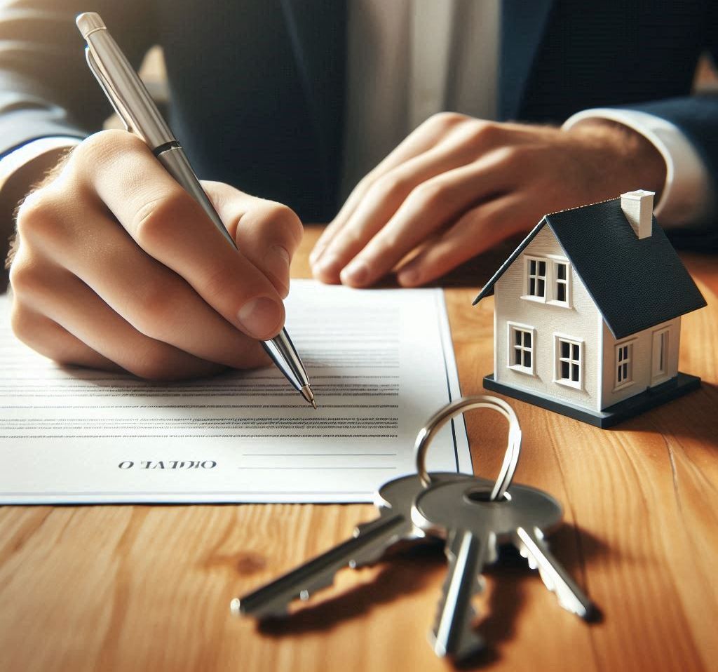 Pessoa assinando contrato de locação imobiliária com atenção aos detalhes.