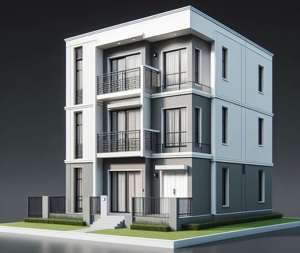 Modern facade of a small studio apartment (Kitnet) in a lively urban environment, contemporary design, trees along the street, cozy and welcoming vibe.