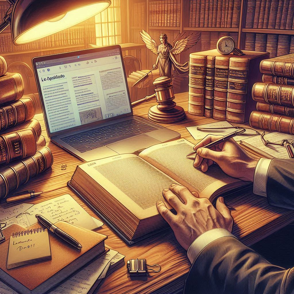 Pessoa consultando livro jurídico sobre a Lei do Inquilinato.