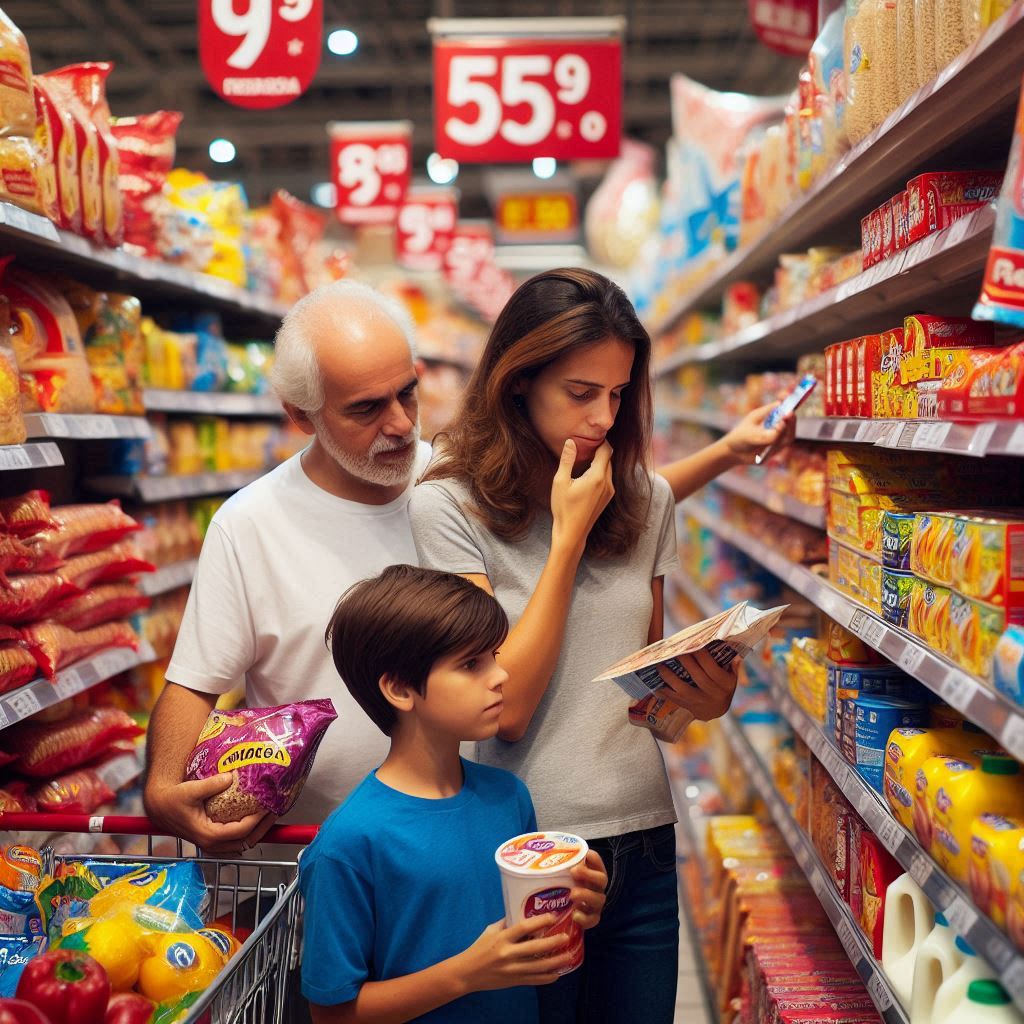 Família fazendo compras em supermercado, representando o impacto da inflação no consumo.