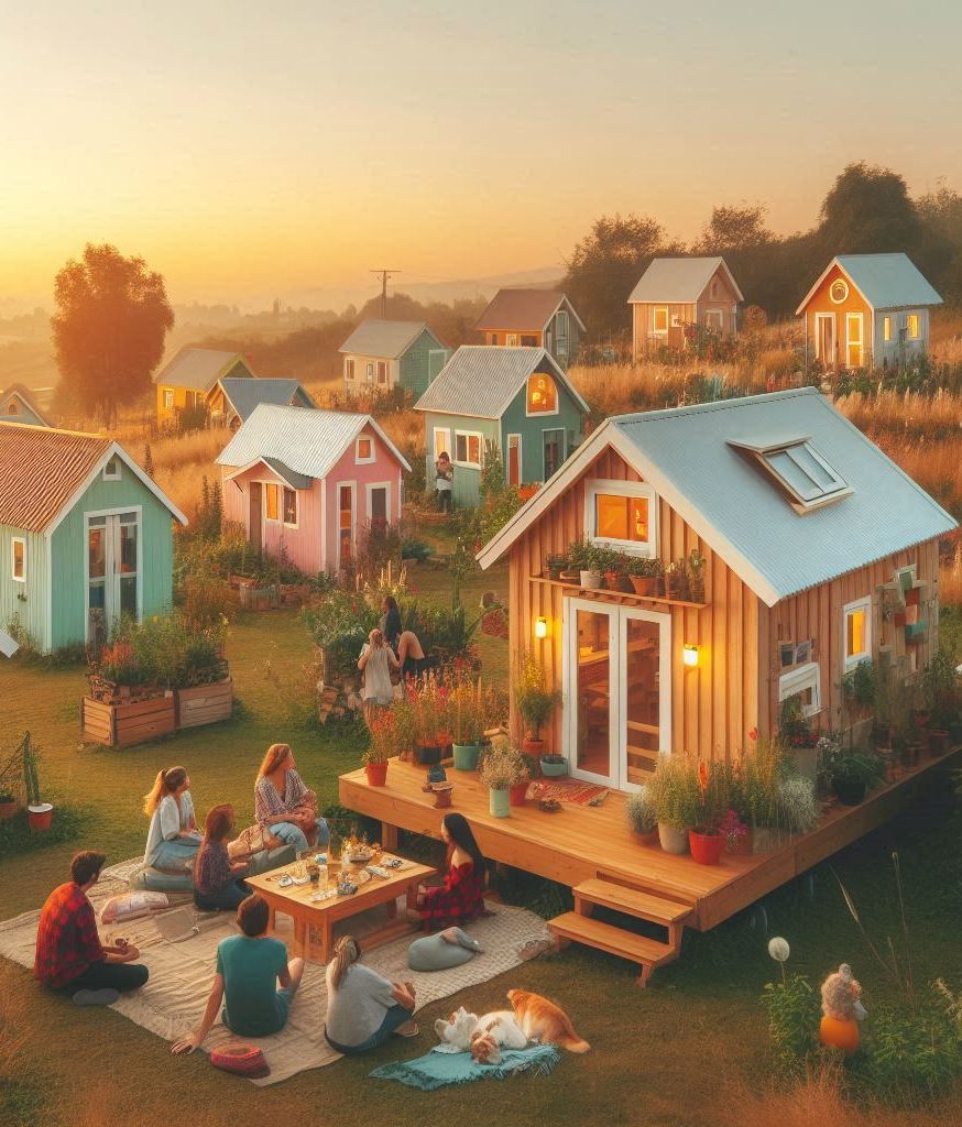 Comunidade de Tiny Houses coloridas em ambiente rural.