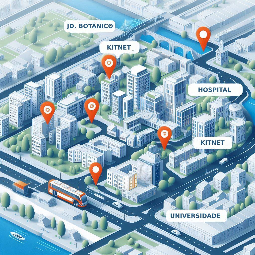 Ilustração de mapa mostrando localização central de Kitnets próximas a serviços essenciais.