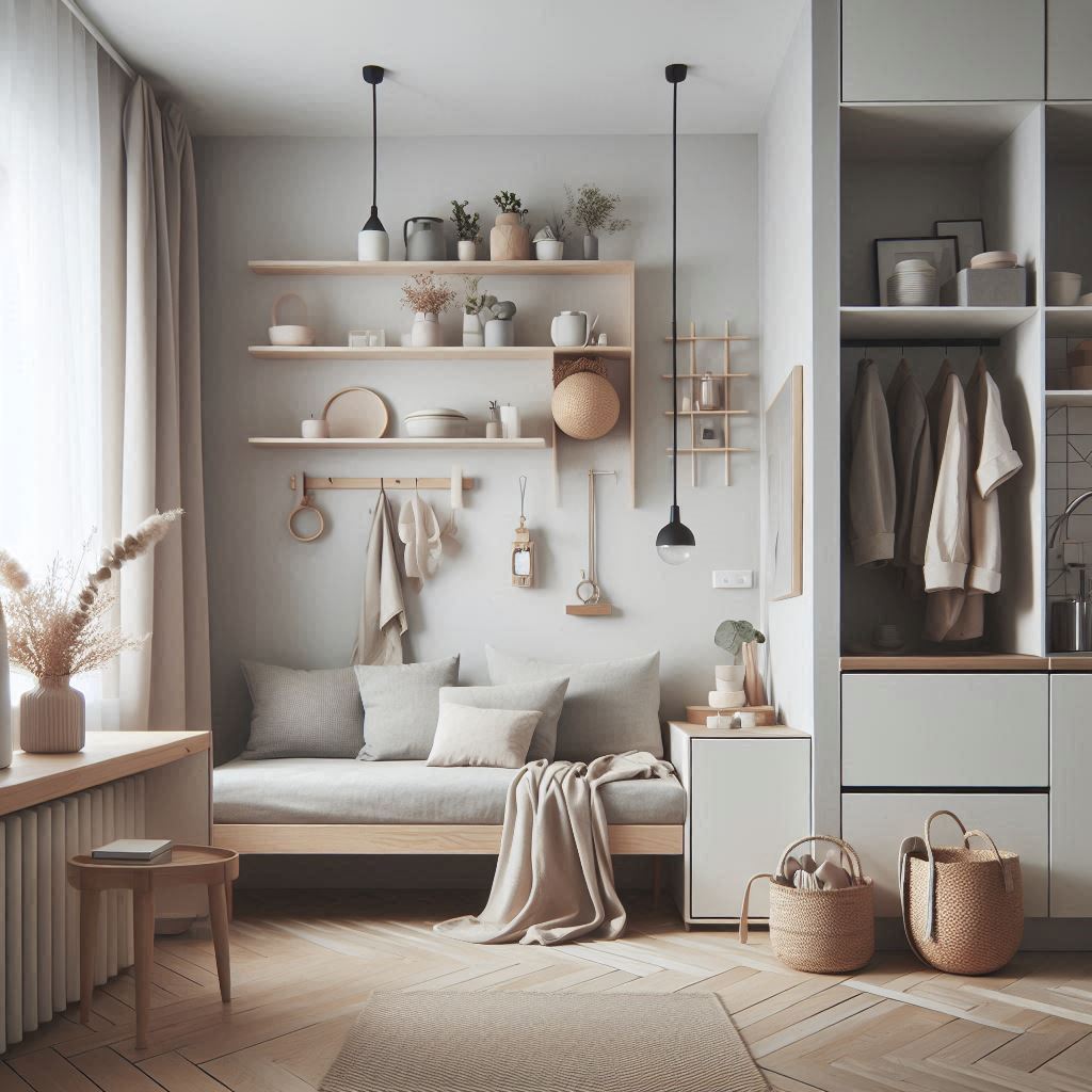 Kitnet decorada com estilo minimalista e funcional.