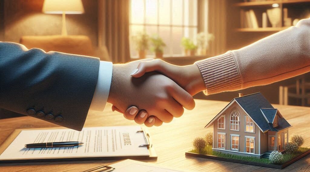 Cena digital realista de uma negociação justa de imóvel entre proprietário e inquilino.