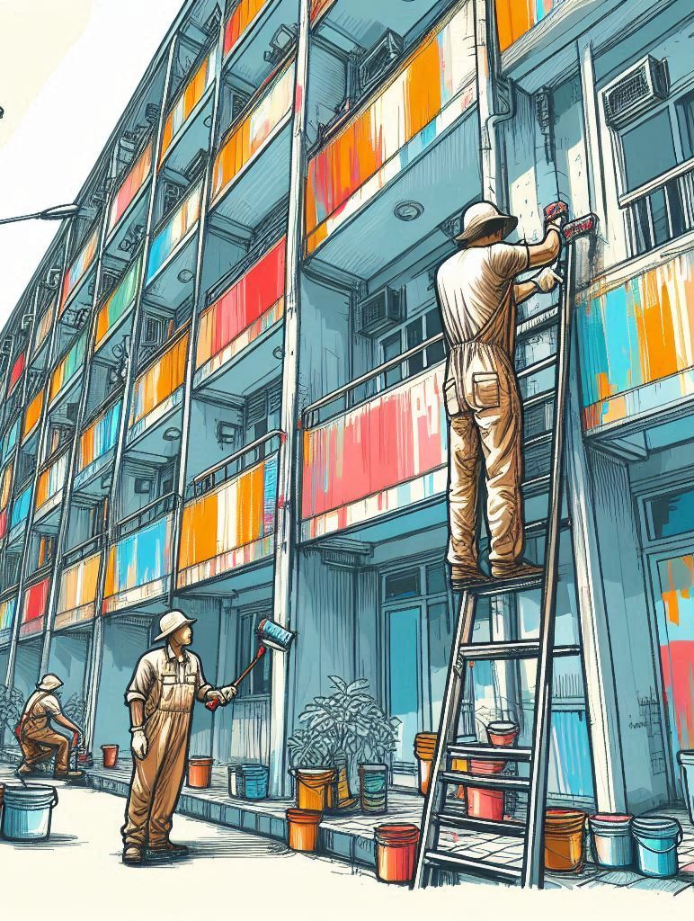 Ilustração artística de manutenção estrutural em prédio.
