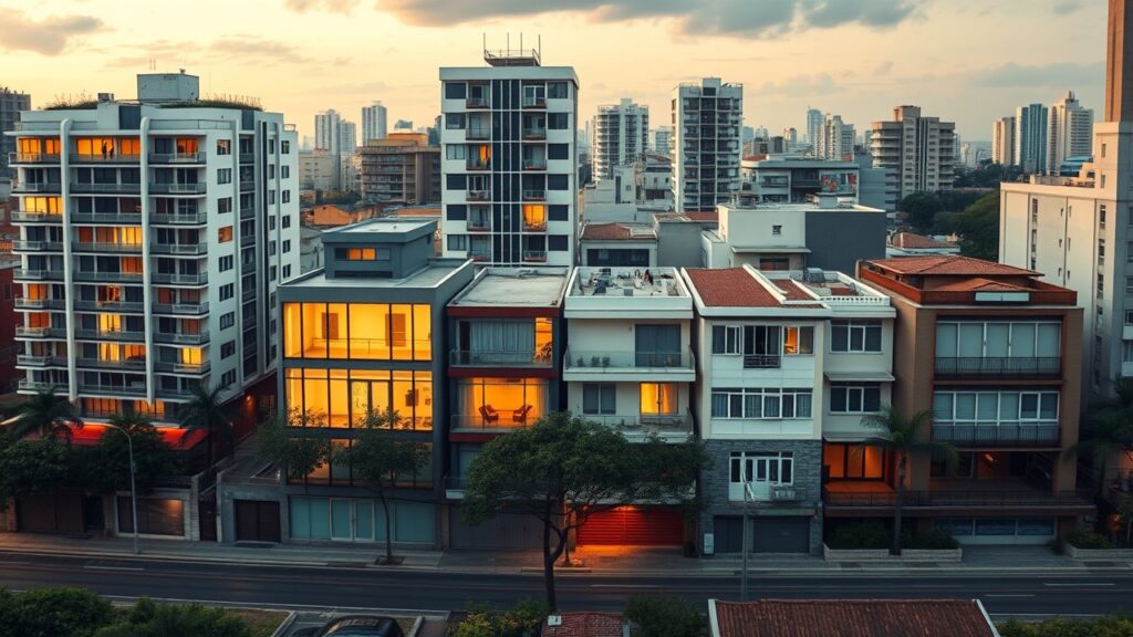 Cenário urbano com diferentes tipos de imóveis representando exceções à Lei do Inquilinato.