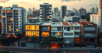 Cenário urbano com diferentes tipos de imóveis representando exceções à Lei do Inquilinato.