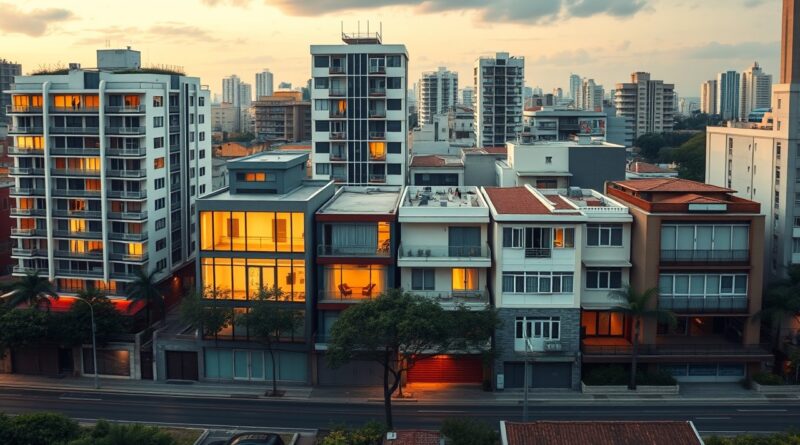 Cenário urbano com diferentes tipos de imóveis representando exceções à Lei do Inquilinato.
