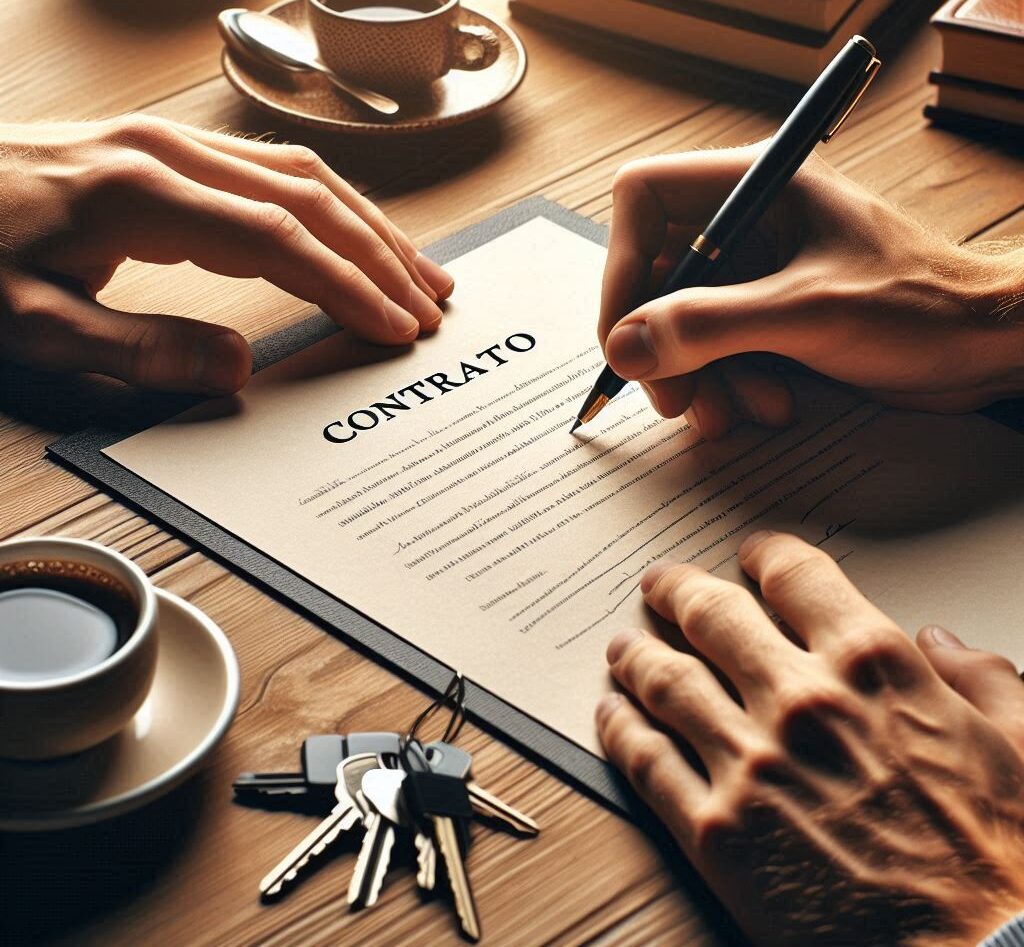 Assinatura de contrato de locação com foco nas mãos e caneta