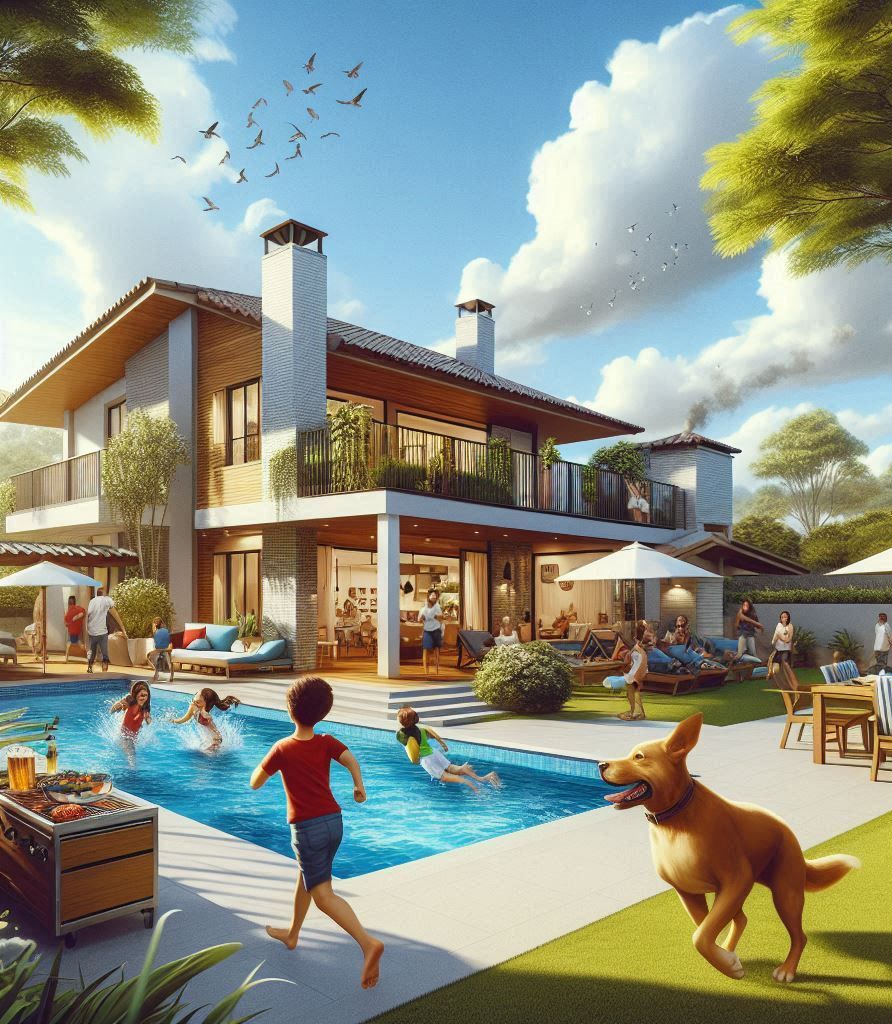 Casa ampla com quintal com piscina e espaço para crianças brincarem.