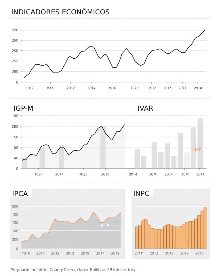 Gráficos e indicadores econômicos comparando diferentes índices de reajuste de aluguel.
