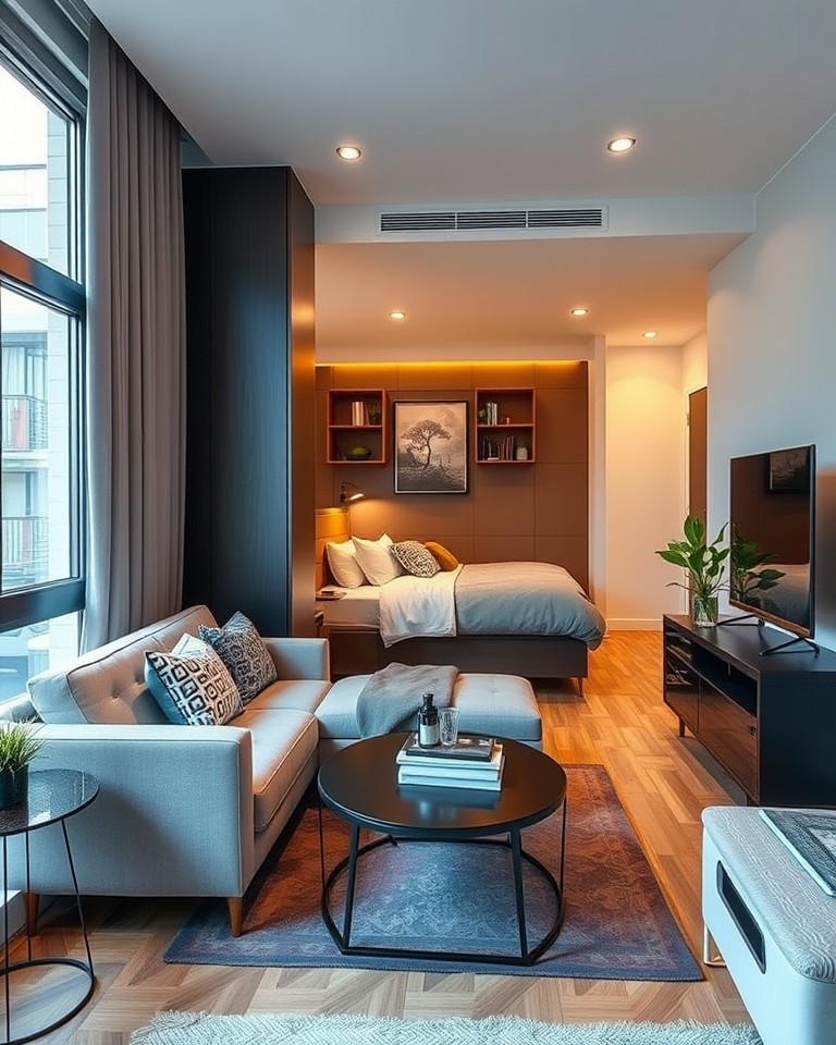 Interior de um apartamento compacto bem decorado e funcional.