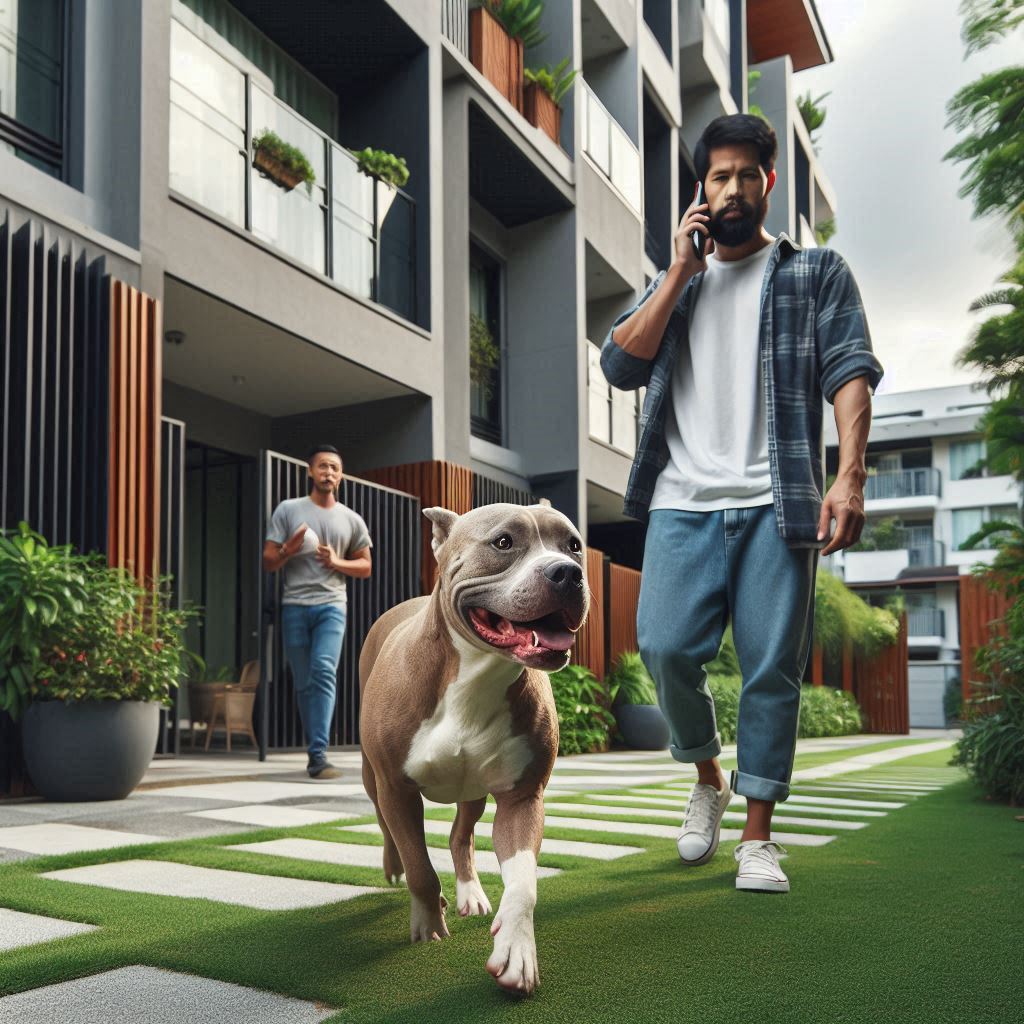 Cachorro pitbull solto em área comum do condomínio