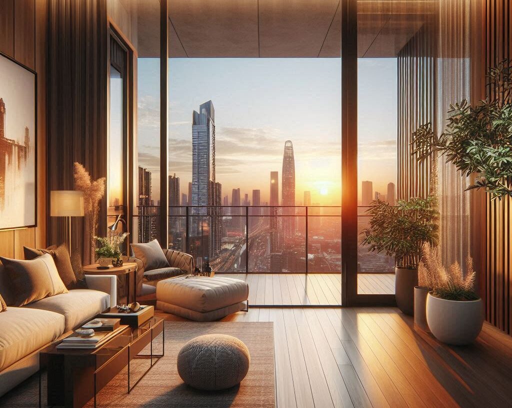 Apartamento moderno com varanda e vista urbana ao entardecer.
