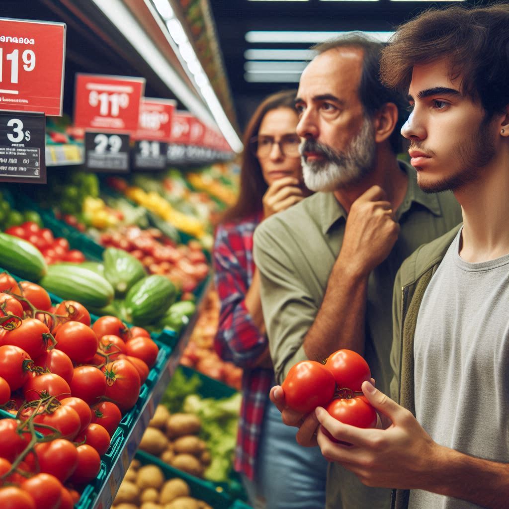 Consumidores analisando preços em um supermercado, refletindo o impacto da inflação