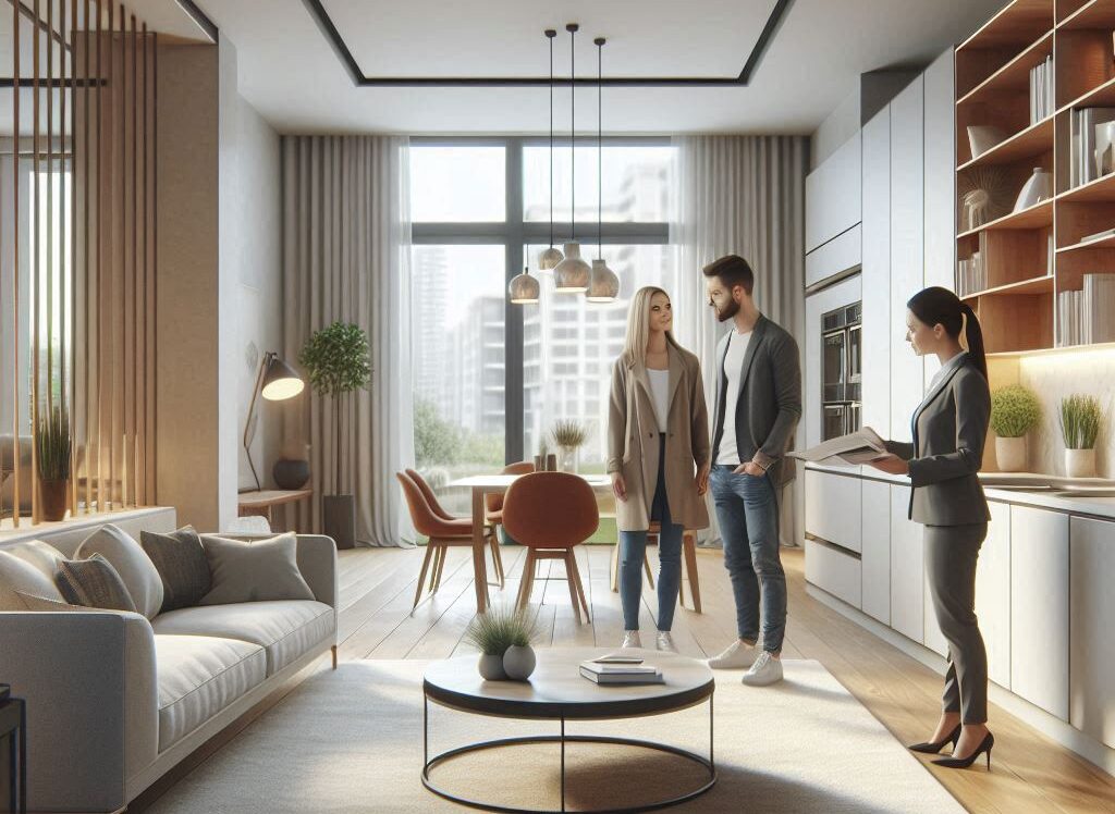 Casal visitando um apartamento moderno com corretor ao lado.