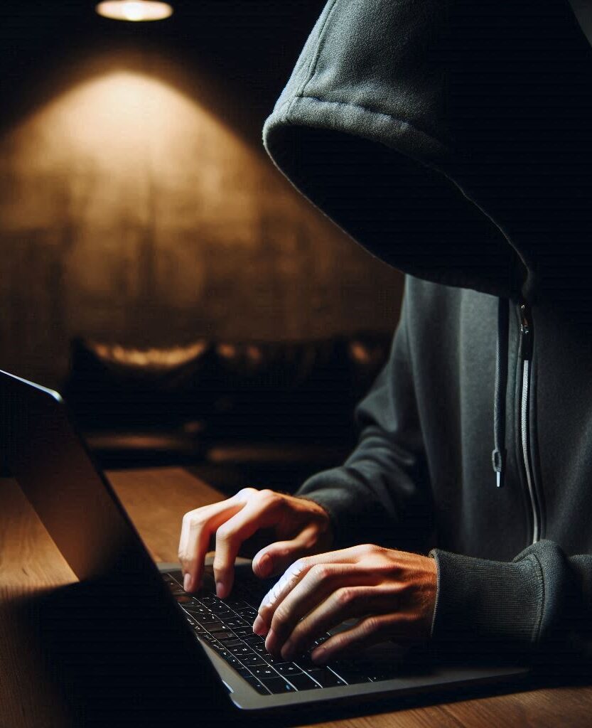 Golpista usando computador para aplicar fraudes online.