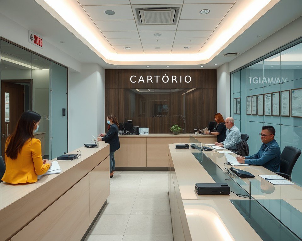 Interior de um cartório de registro com atendimento ao público