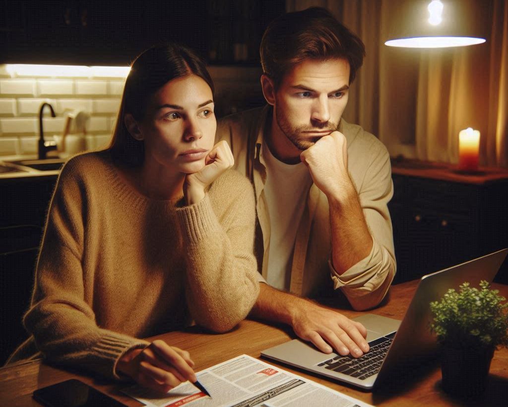 Casal analisando opções de aluguel com dúvida e cautela.