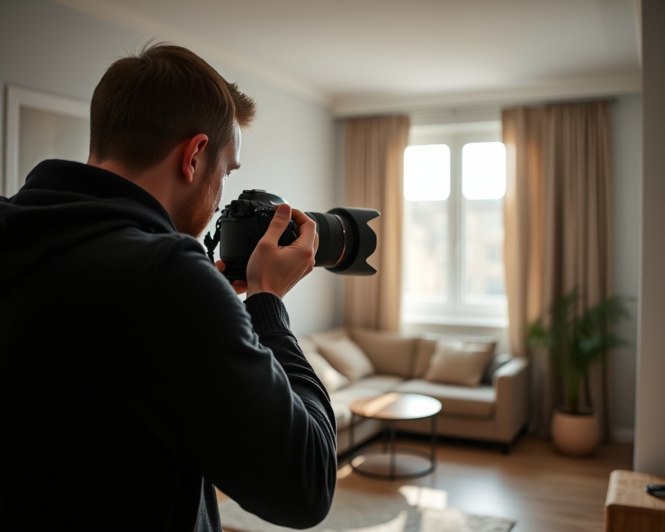 Fotógrafo profissional registrando interior de imóvel com câmera DSLR