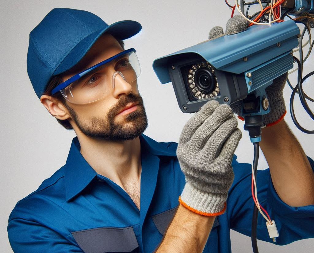 Um técnico fazendo reparo em um circuito Circuito Fechado de TV.