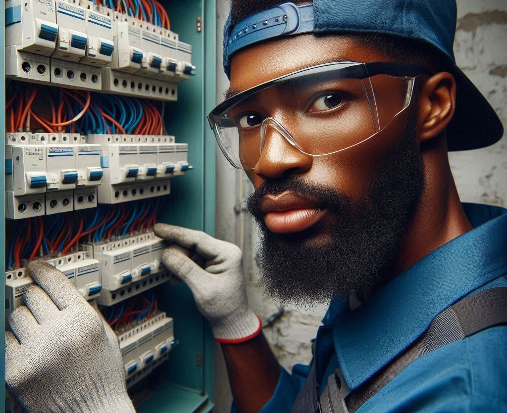 Um eletricista profissional fazendo reparo num quadro de alimentação elétric