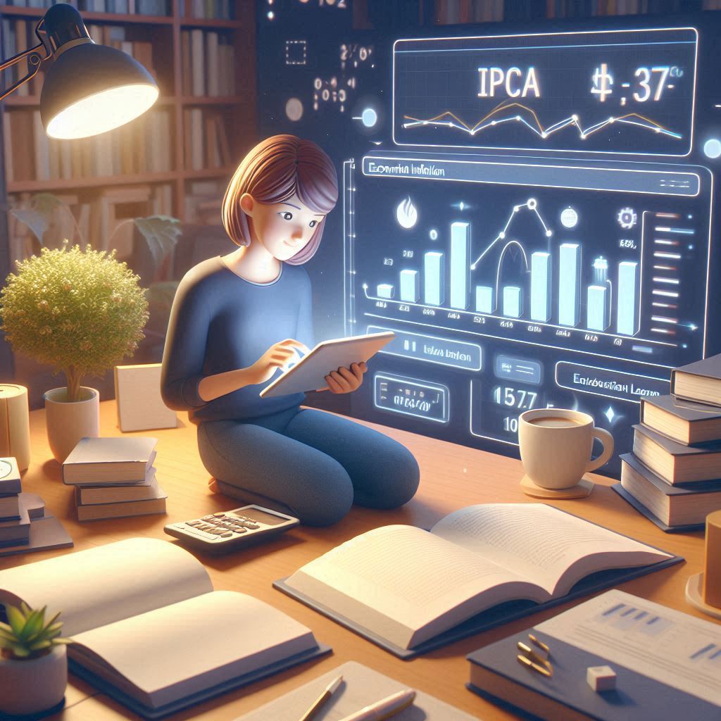 Jovem estudando inflação e IPCA em um ambiente digital educativo.