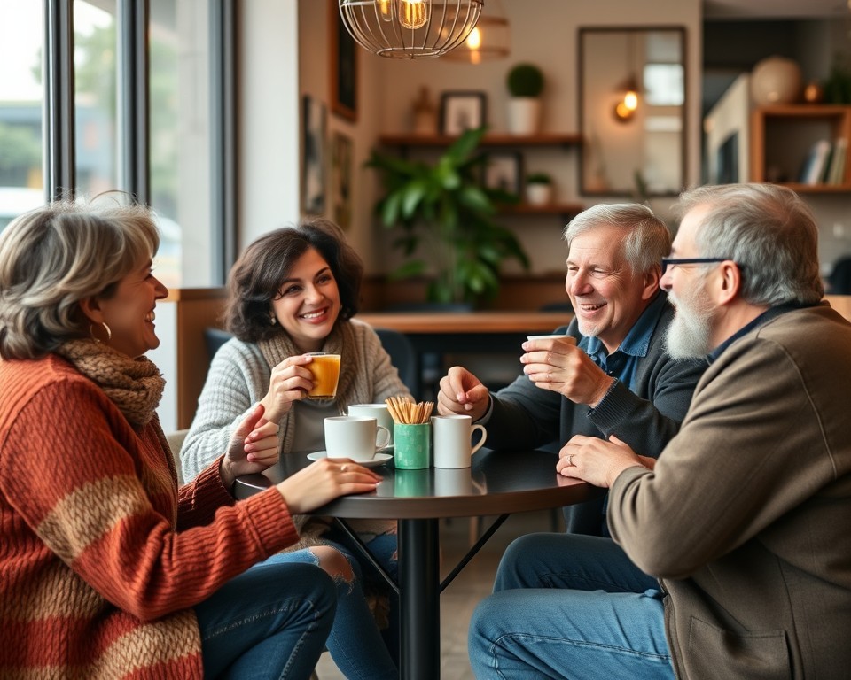 Vizinhos confraternizando em um café local
