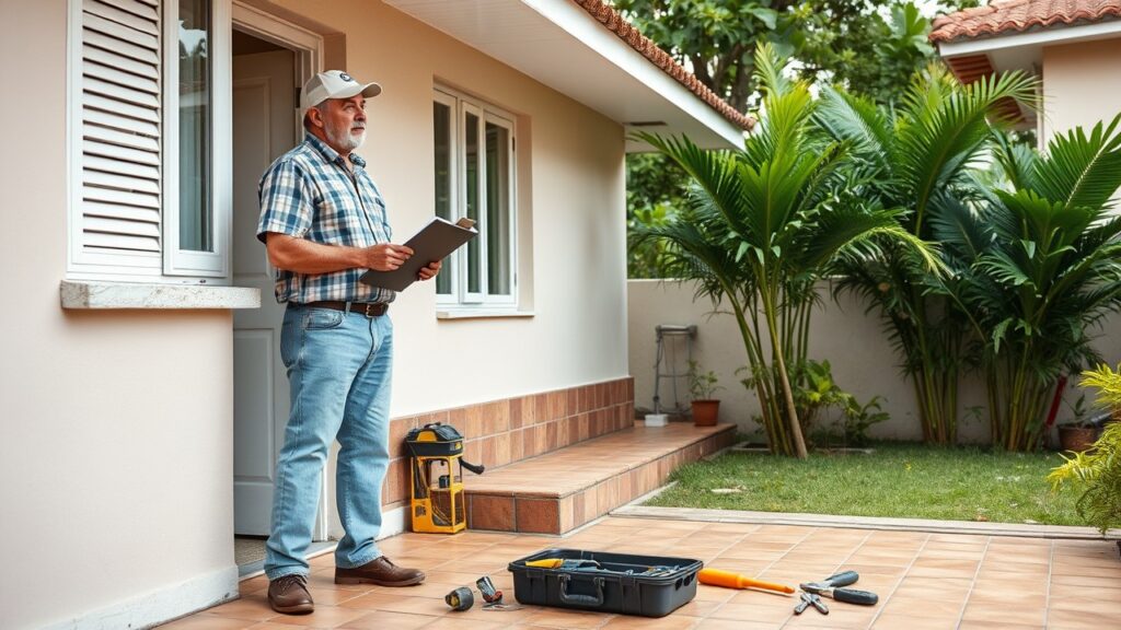 Proprietário realizando inspeção preventiva em um imóvel residencial