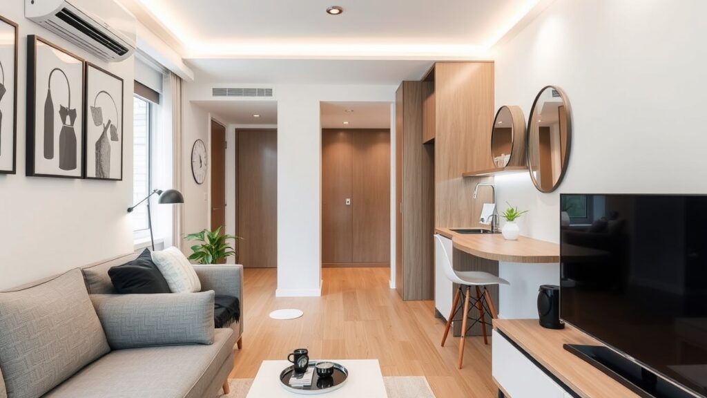 Vista de um moderno apartamento compacto com decoração minimalista.