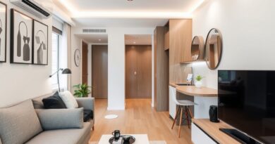 Vista de um moderno apartamento compacto com decoração minimalista.