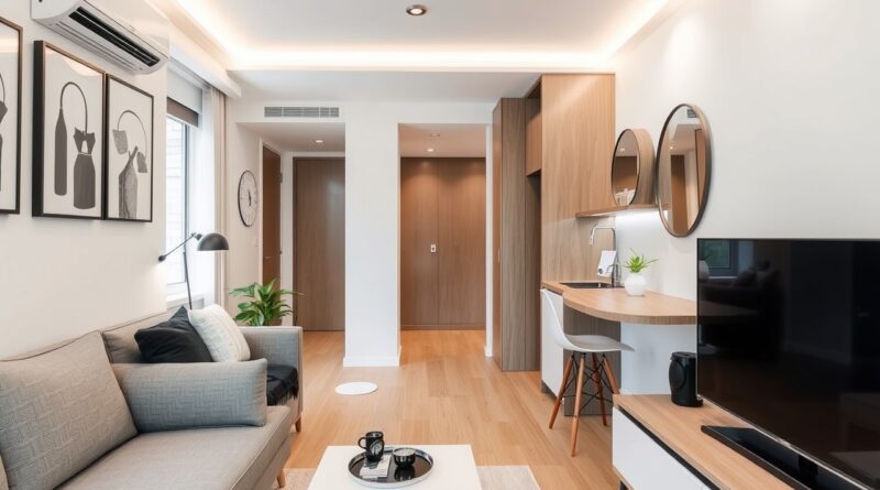 Vista de um moderno apartamento compacto com decoração minimalista.