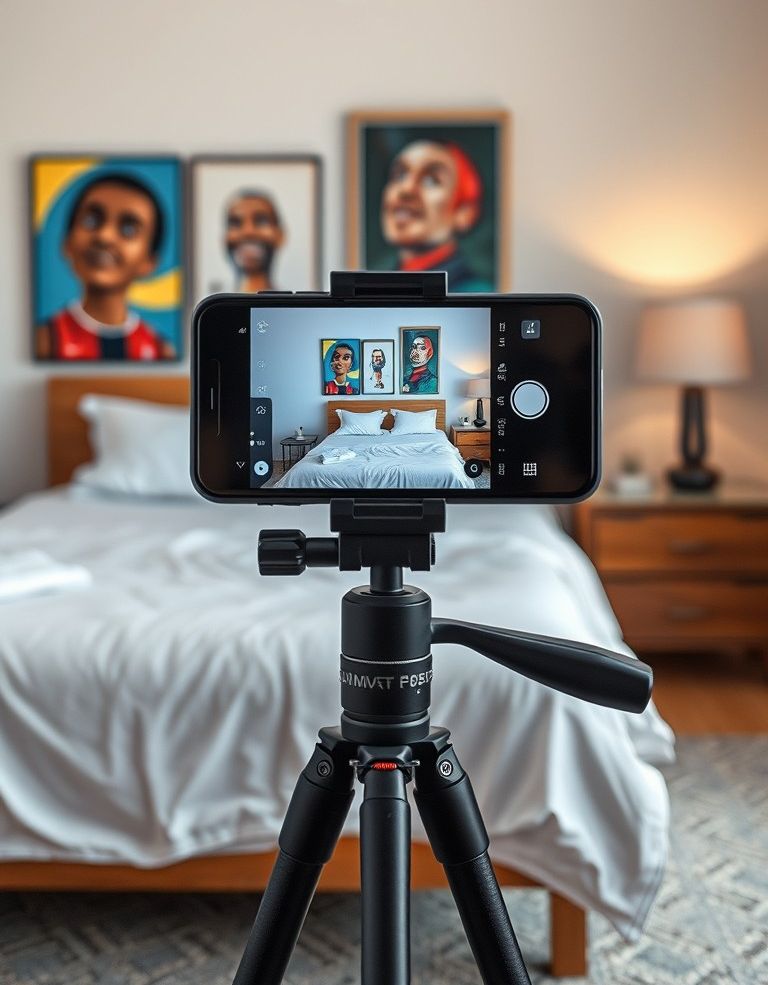 Celuar montado em um tripé, fotografando a área interna de quarto