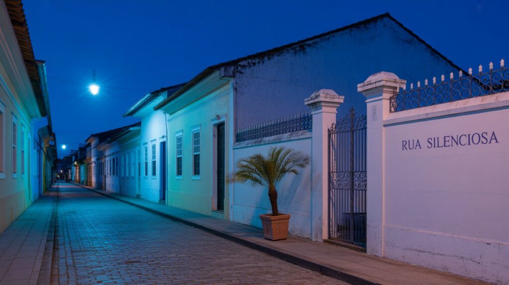 Cena urbana noturna tranquila, simbolizando a paz proporcionada pela Lei do Silêncio.