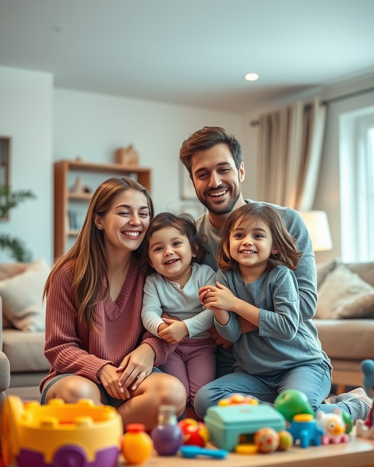 Família com crianças pequenas em um lar acolhedor e seguro