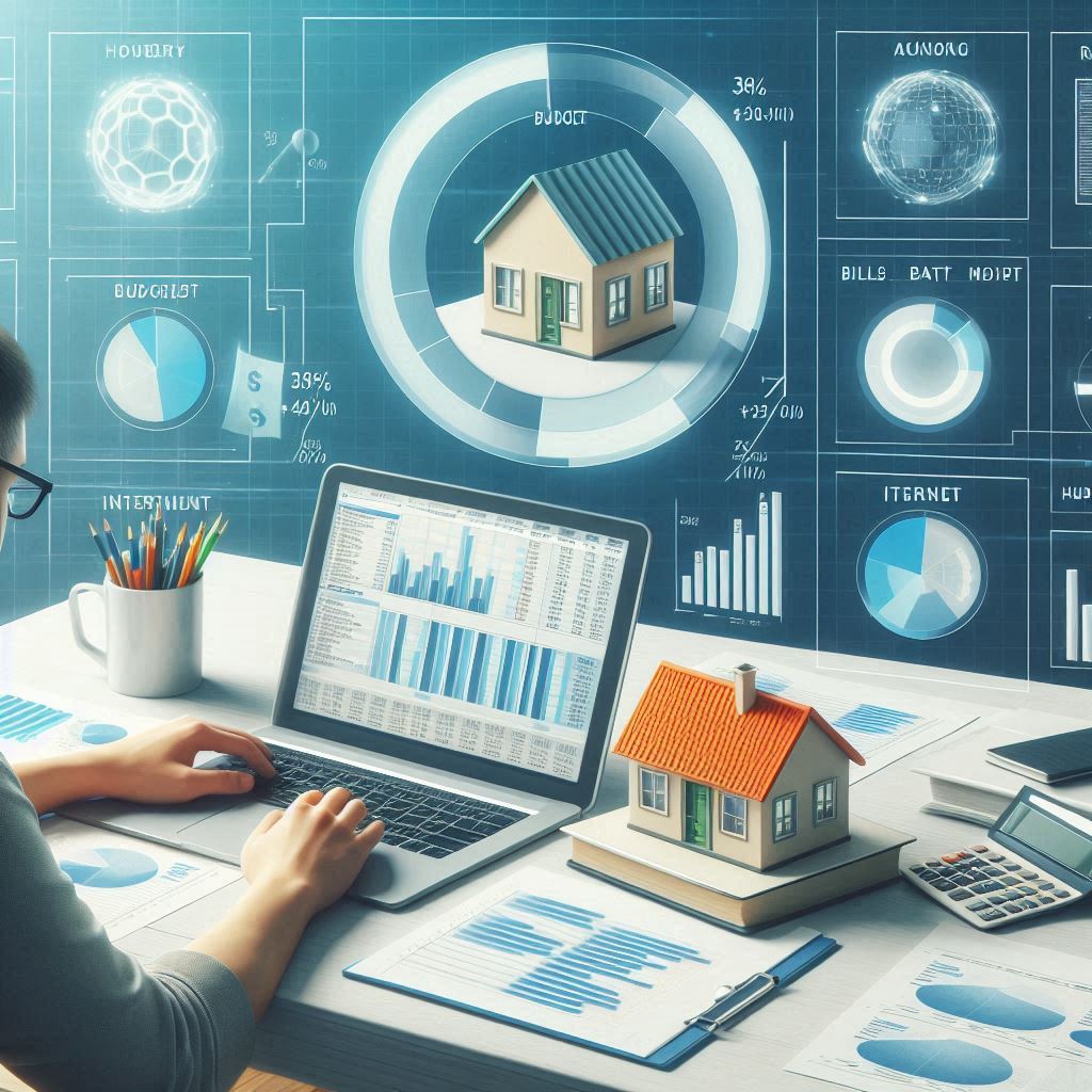 Pessoa analisando orçamento familiar com foco em aluguel, usando laptop e planilhas, representando o planejamento financeiro necessário para alugar um imóvel sem comprometer a estabilidade econômica.