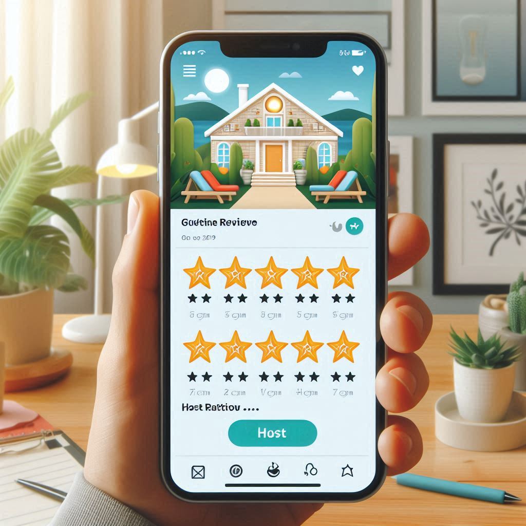 Interface de plataforma de reservas mostrando avaliação 5 estrelas de imóvel.