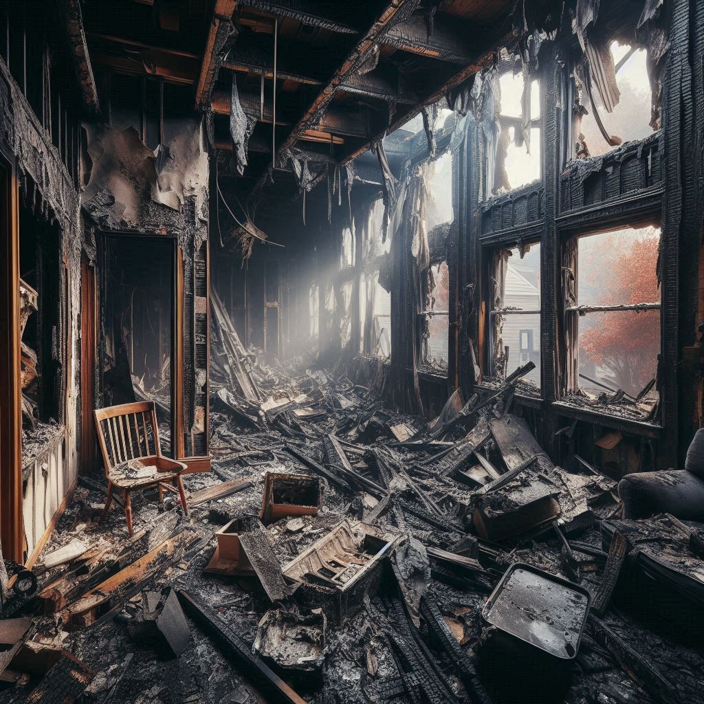Imóvel com danos estruturais causados por incêndio residencial