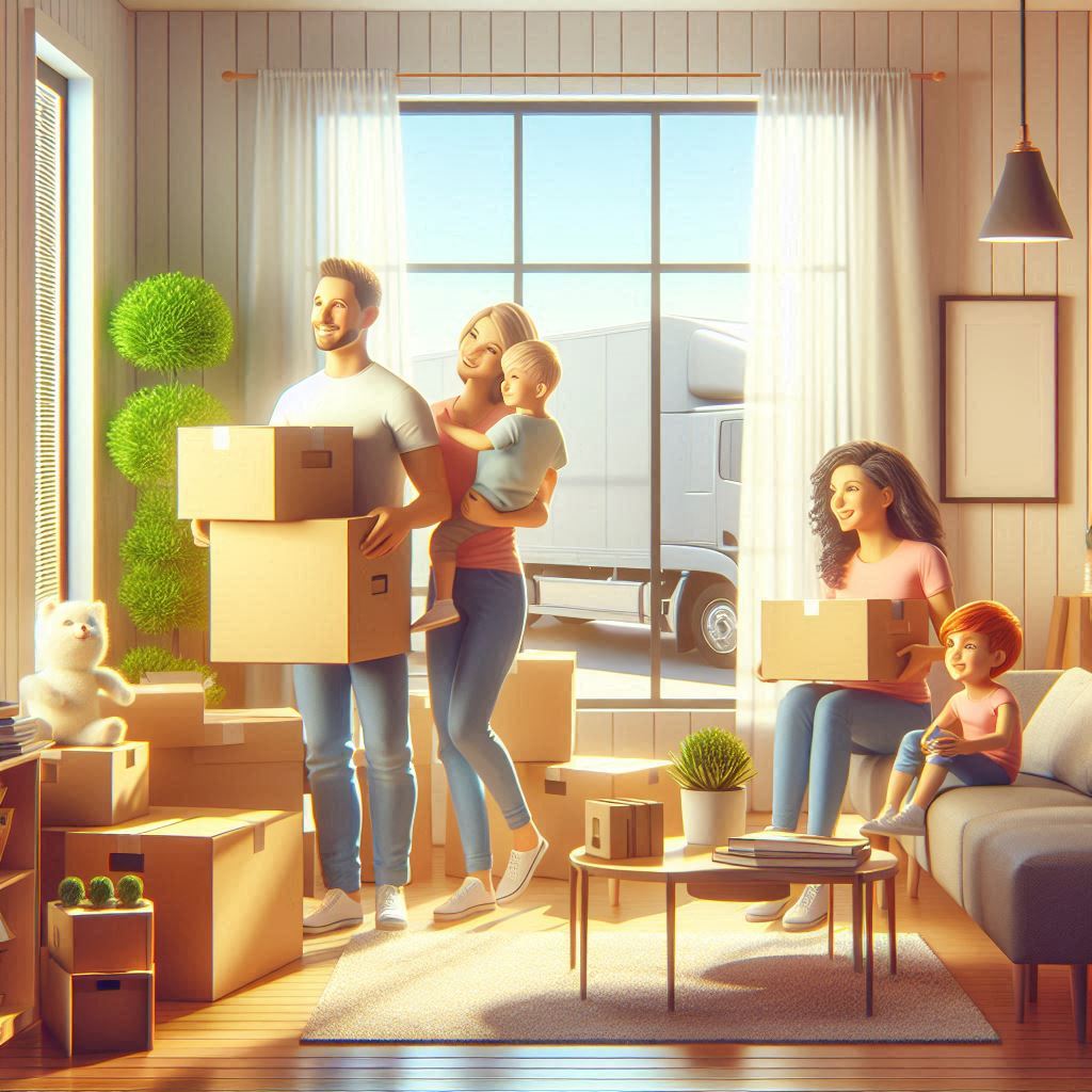 Família empacotando a casa para mudança, ilustrando mobilidade do aluguel