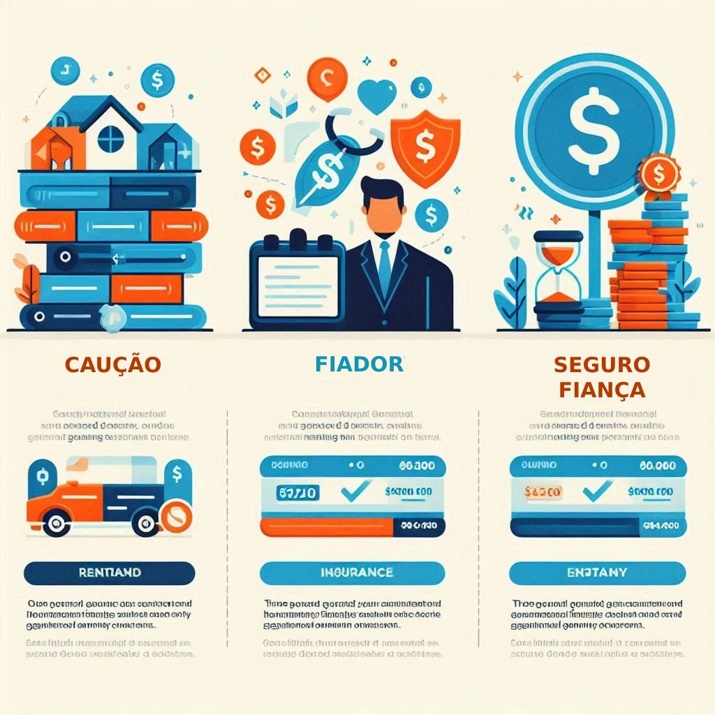 Comparativo visual entre opções de garantia locatícia: caução, seguro-fiança e título de capitalização.