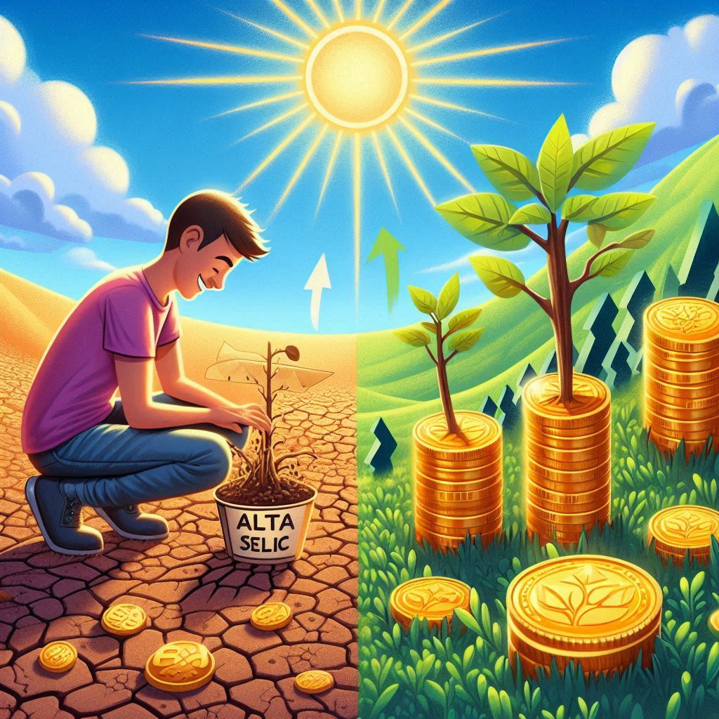 Cenário ilustrativo com foco nas oportunidades da renda variável frente à Selic elevada.