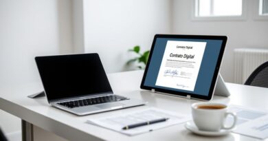 Imagem destacada sobre contrato de aluguel digital com assinatura eletrônica.