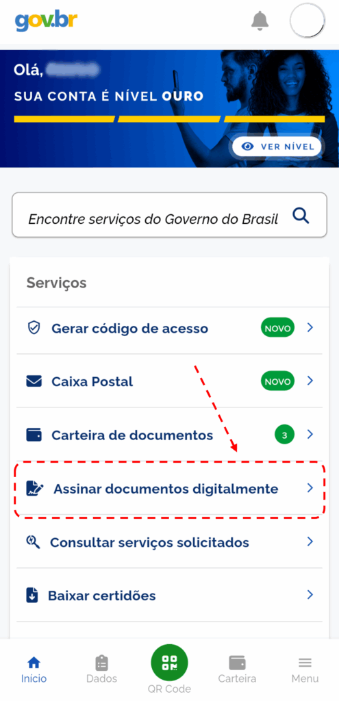 Assinatura digital de contrato com uso do aplicativo Gov.br.