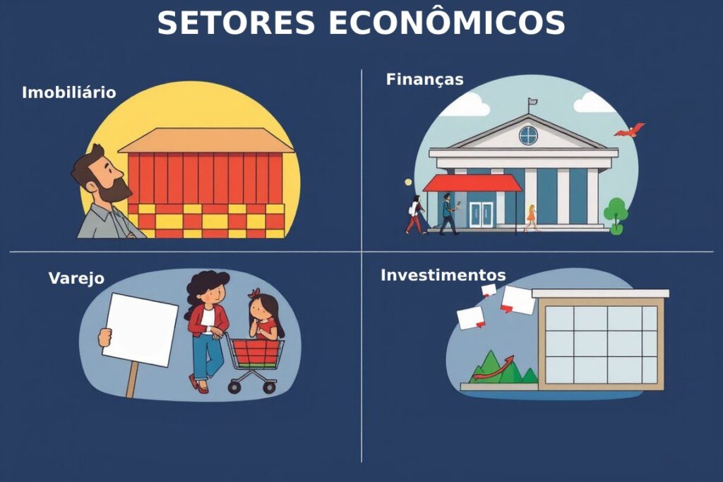 Ilustração conceitual mostrando os impactos da alta da Selic em diferentes setores da economia.