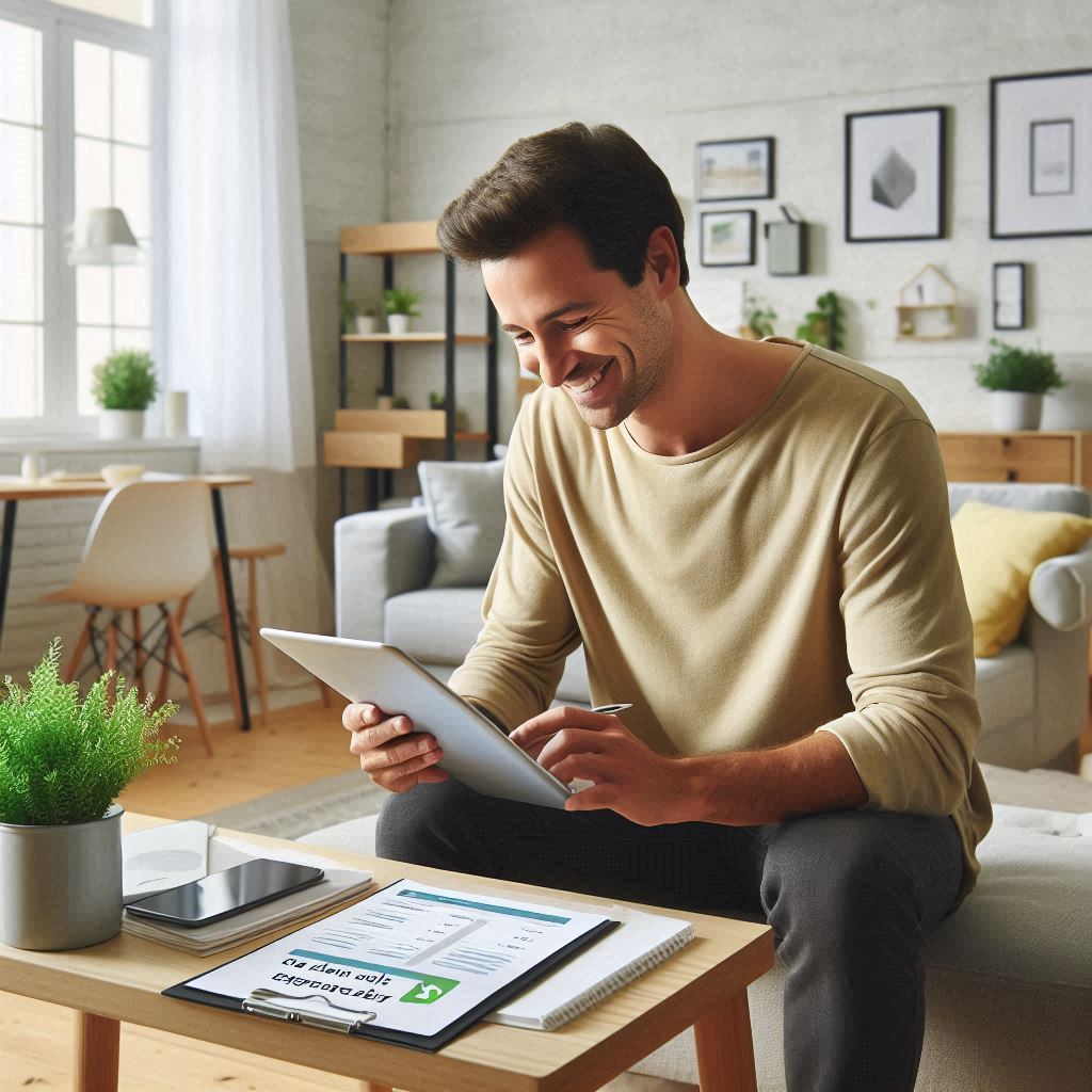 Locatário feliz utilizando um aplicativo de aluguel em um tablet