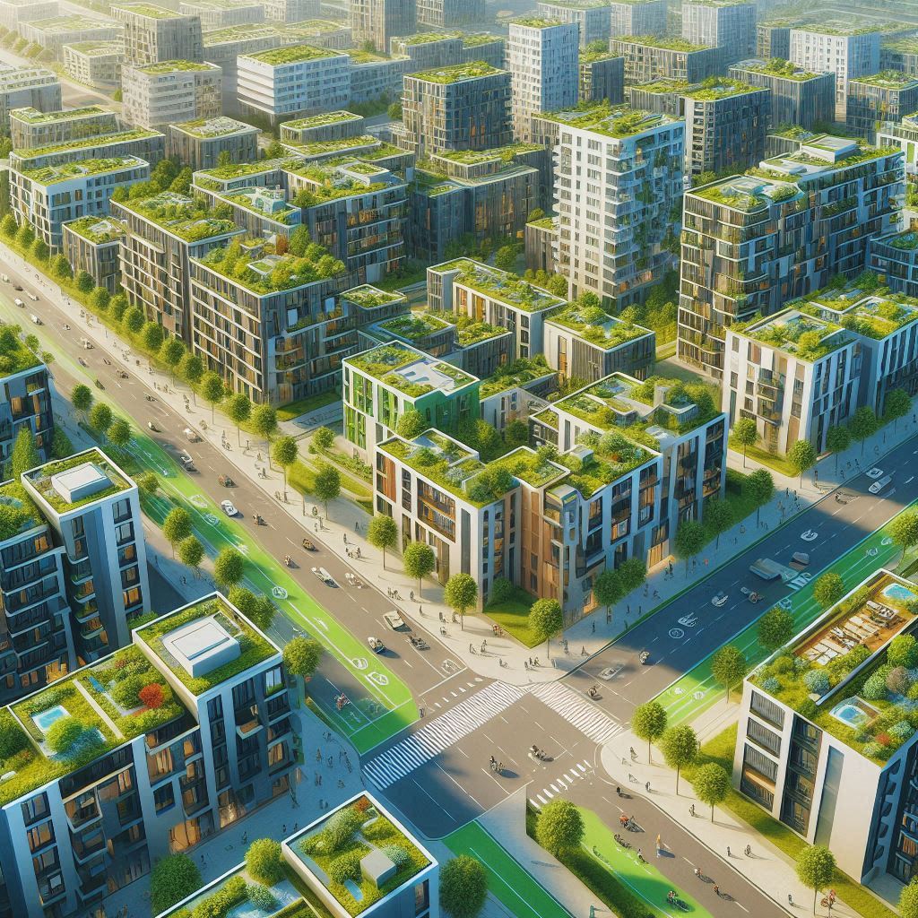 Vista aérea de bairro urbano com apartamentos compactos e modernos