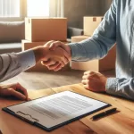 Cena de rescisão de contrato entre inquilino e proprietário em tom amigável