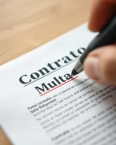 Close-up de cláusulas contratuais com destaque para termo de multa