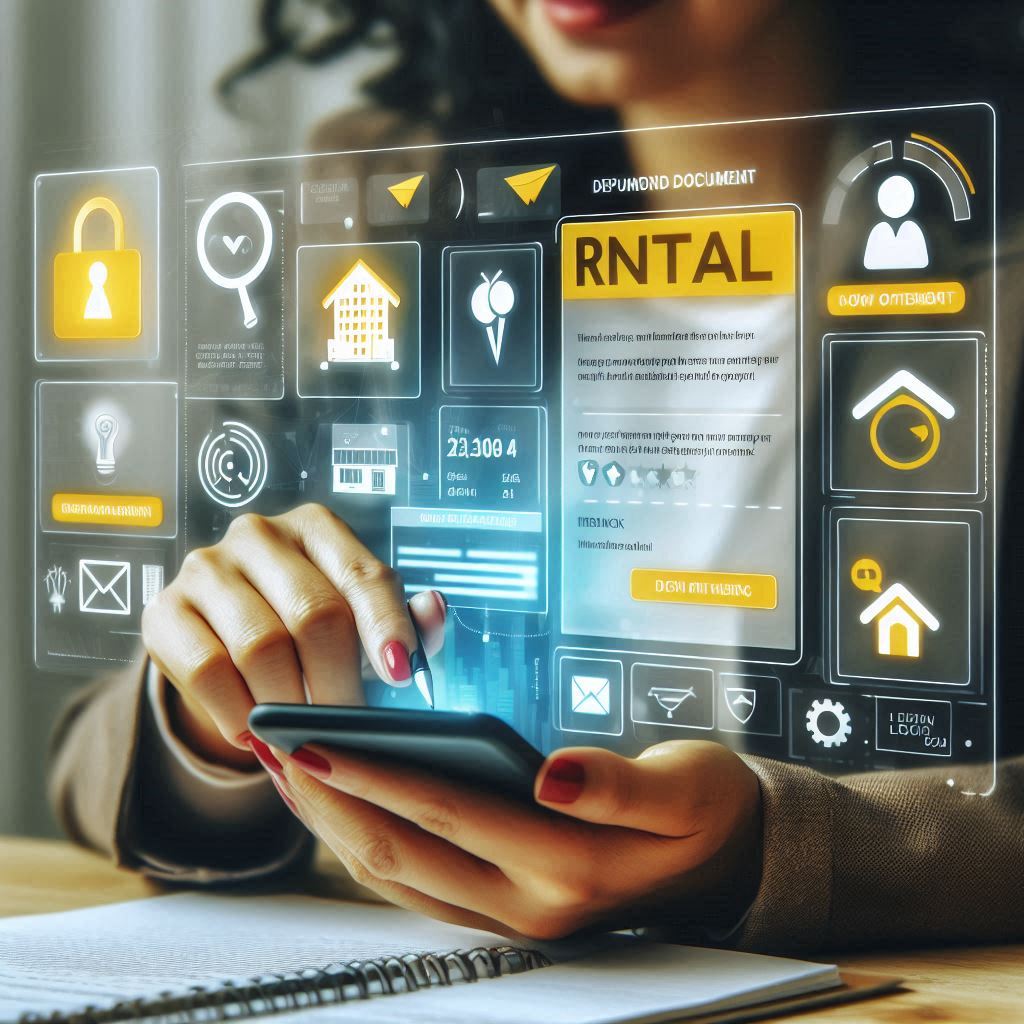 Inquilino interagindo com imobiliária via aplicativo móvel